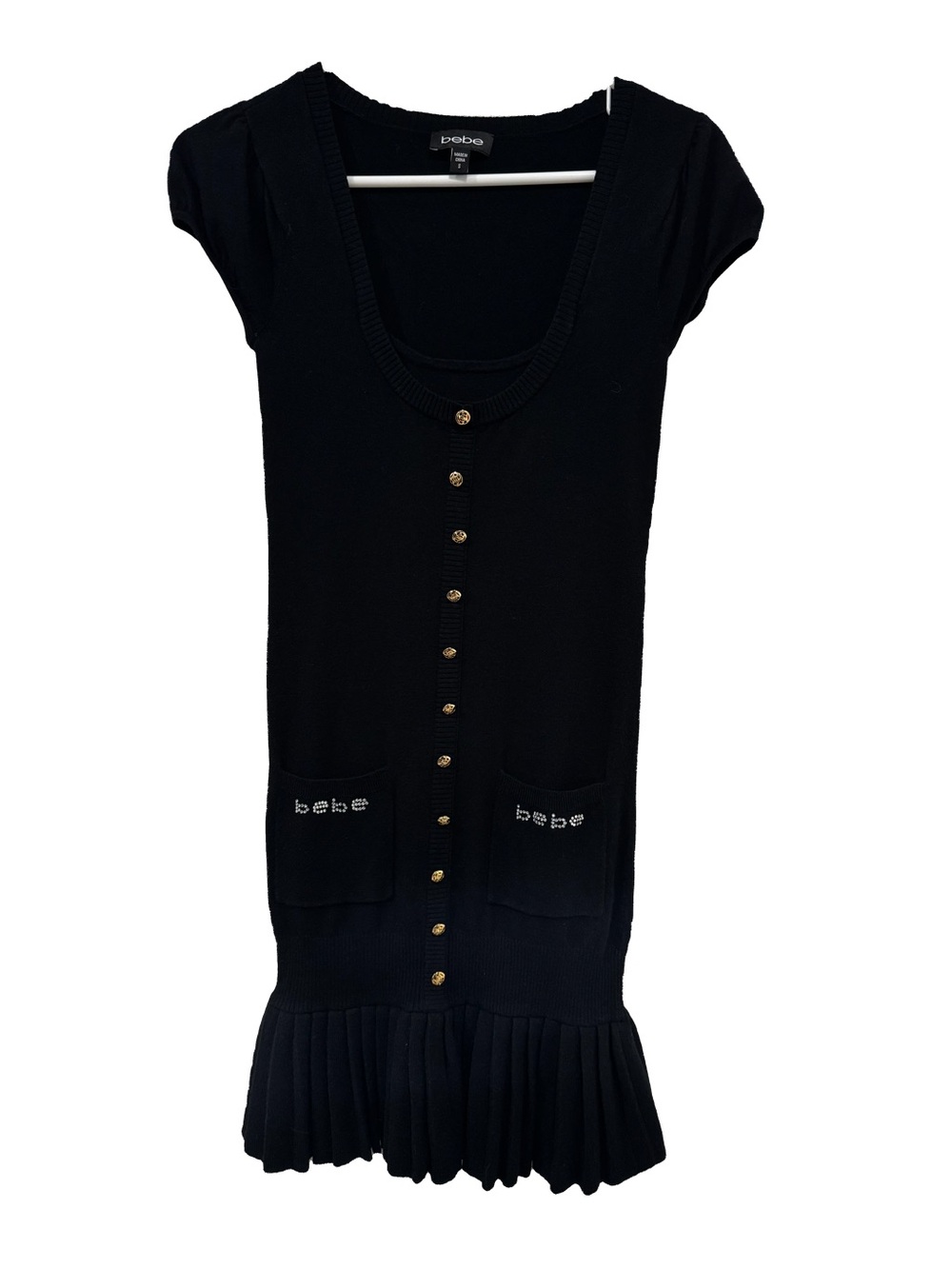 Vintage bebe Black Short-Sleeve Midi Dress with Gold Buttons, Rhinestone pockets